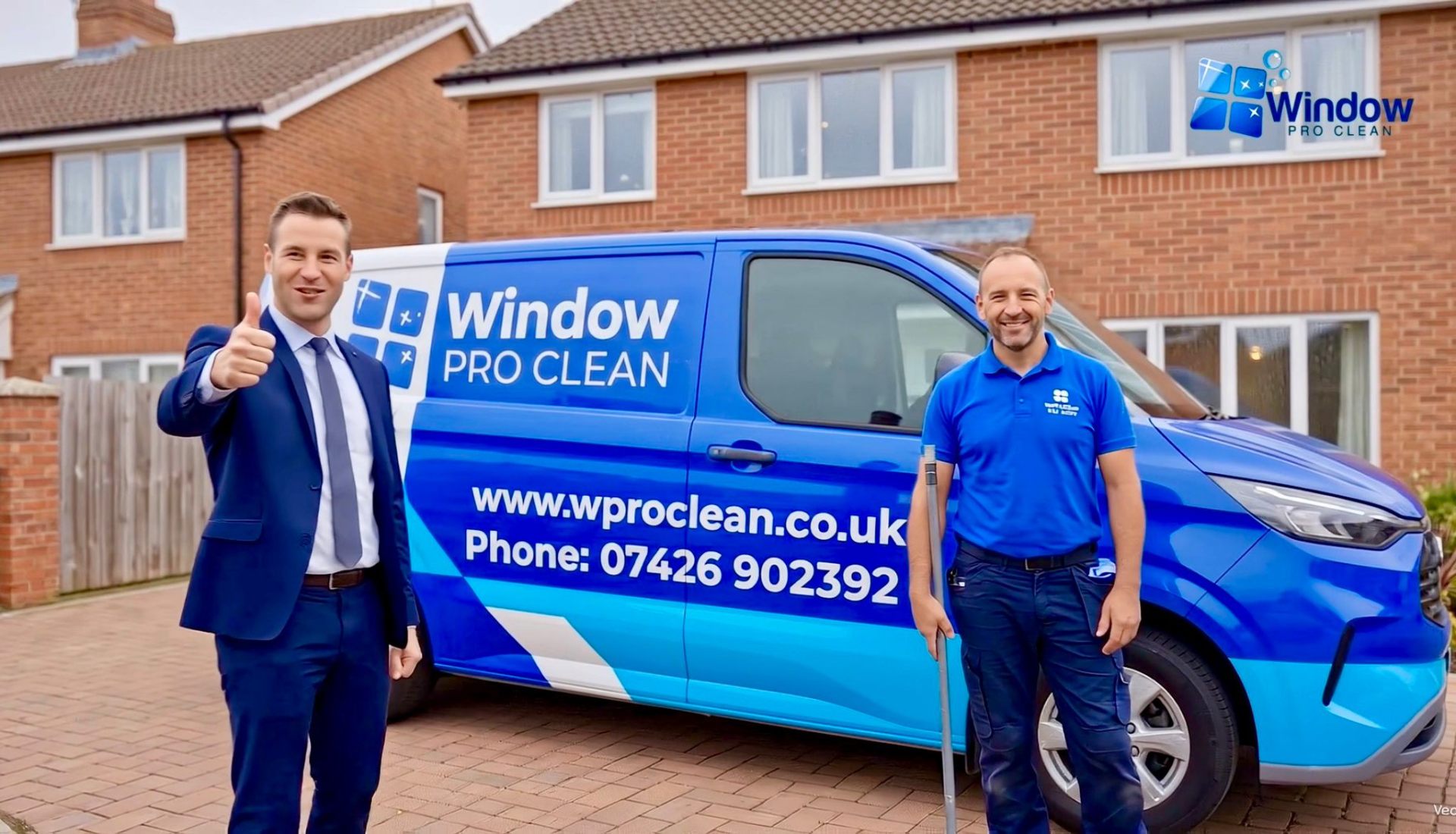 Ricardo Lopes and a Window Pro Clean technician outside a Milton Keynes home with the branded service van