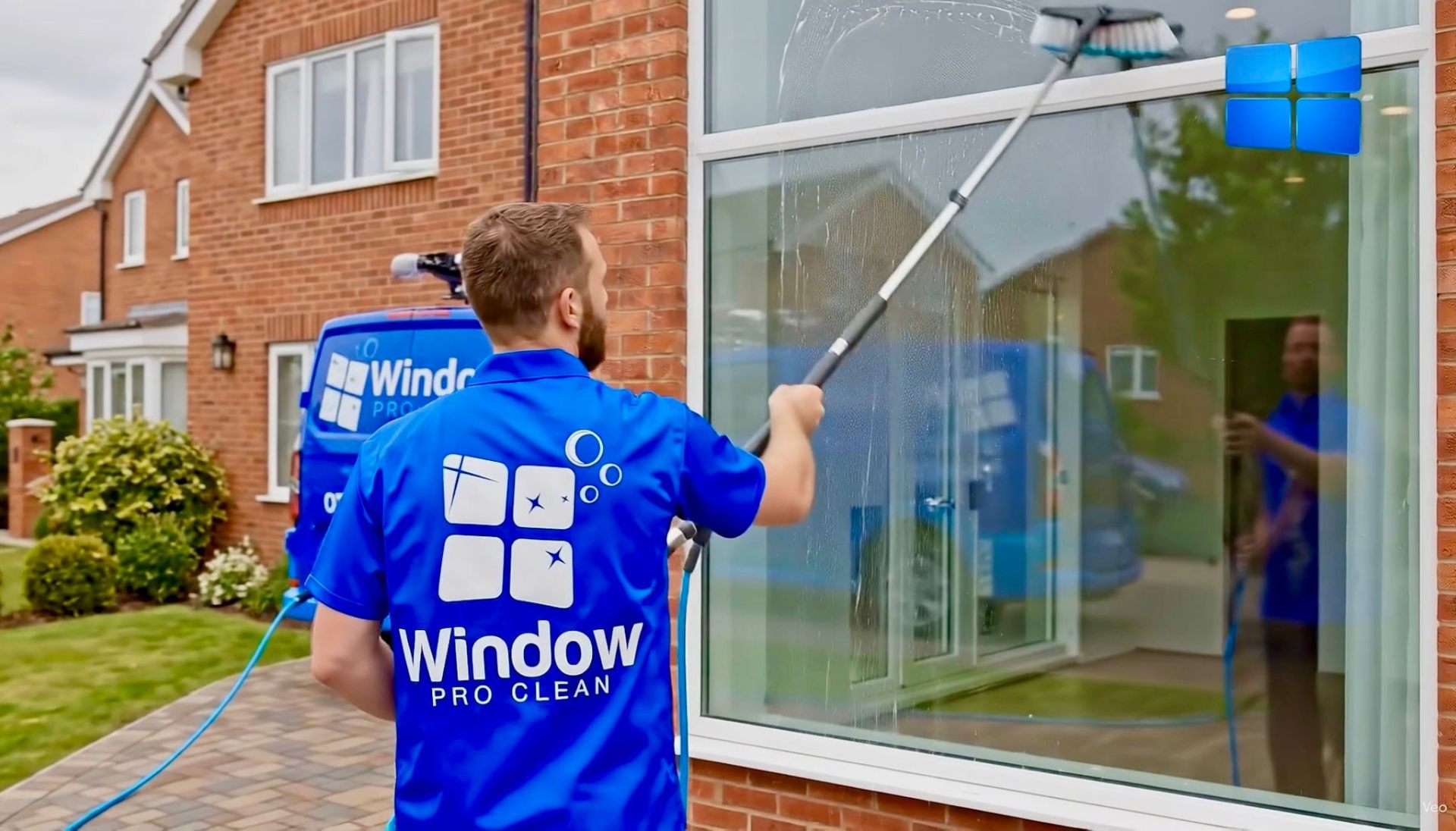 Window Pro Clean technician using a water-fed pole to clean upper-storey windows in Milton Keynes