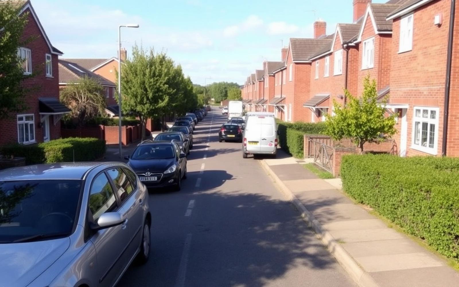Residential street of 1970s brick houses in Fishermead, Milton Keynes