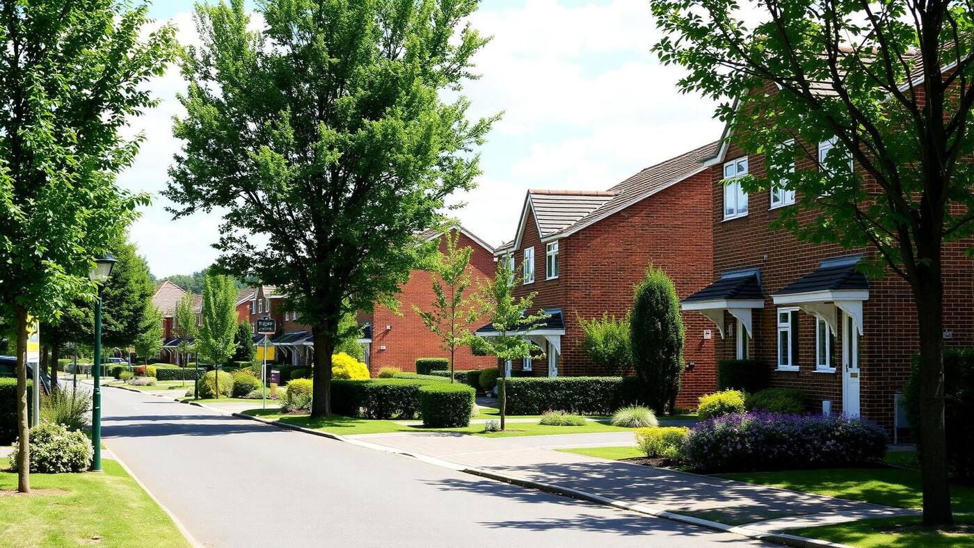 Tree-lined residential street with family homes in Loughton, Milton Keynes
