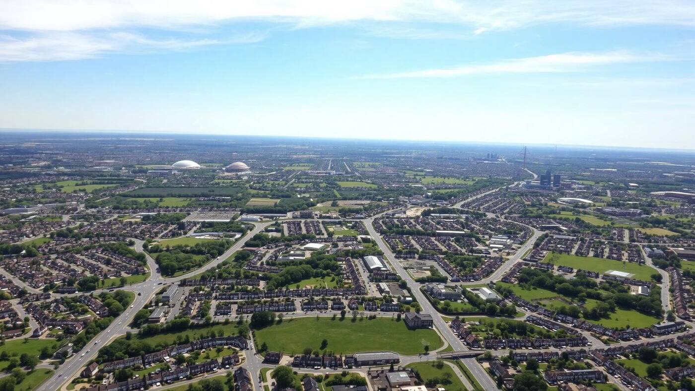 Aerial view of Milton Keynes residential areas and green spaces