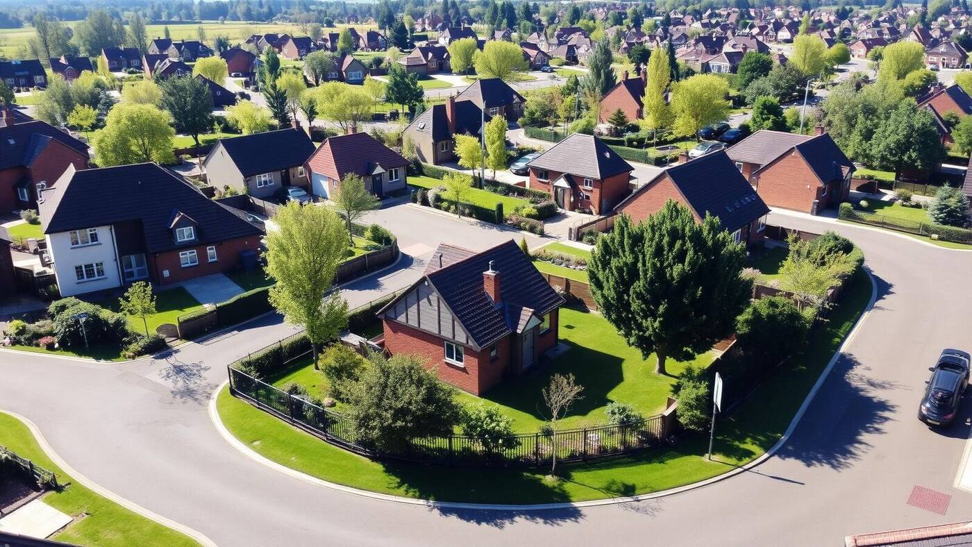 Aerial view of detached family homes in Walnut Tree estate, Milton Keynes