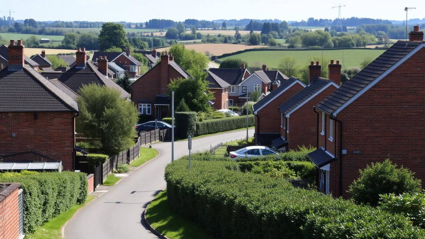 Residential lane with brick houses and countryside views in Wavendon, Milton Keynes