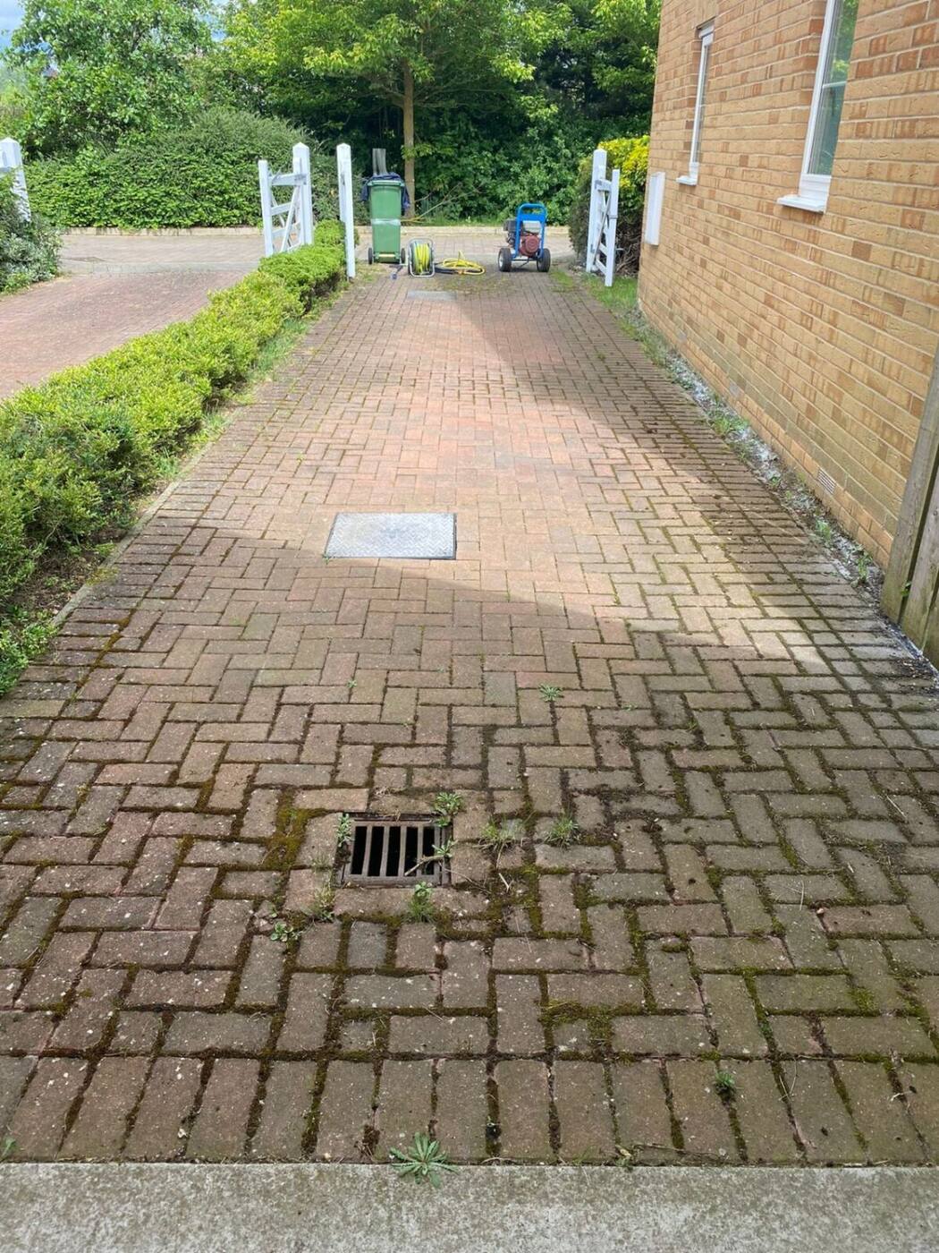 Moss and weed-covered block paving driveway before pressure washing