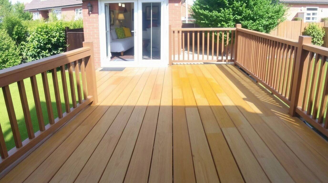 Wooden garden decking being professionally pressure washed showing clean vs dirty contrast