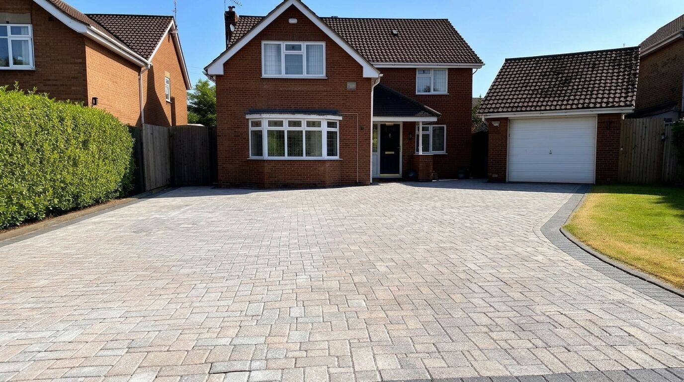 Block paving driveway being pressure washed showing clean vs dirty contrast in Milton Keynes