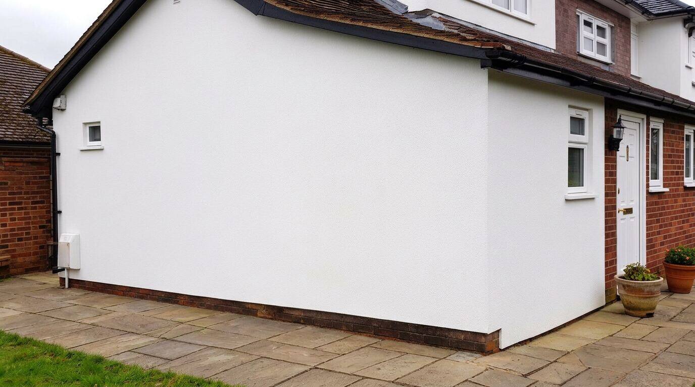 K-Rend rendered wall being soft washed showing algae removal before and after contrast