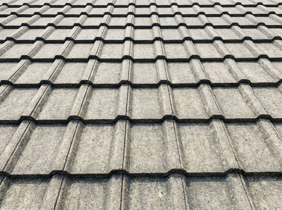 Roof scraping tool removing moss from concrete tiles during professional roof clean